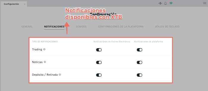 Notificaciones de XTB