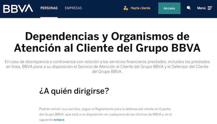 Ejemplo de portal de reclamaciones del BBVA