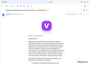 Vivid Money email personal cambio de condiciones