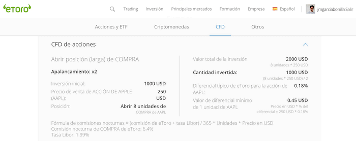 Ejemplo cálculo tarifa nocturna con eToro