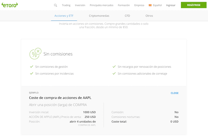 eToro cero comisiones al invertir en acciones y ETF