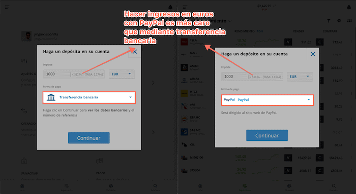 eToro diferencia en añadir fondos con diferentes métodos de pago