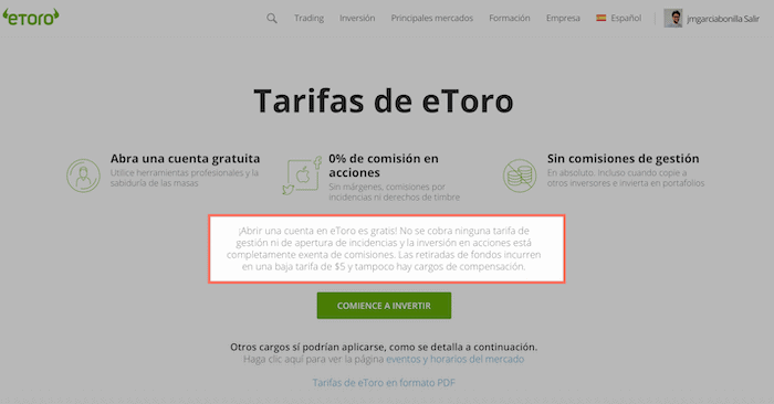 Resumen de comisiones de eToro