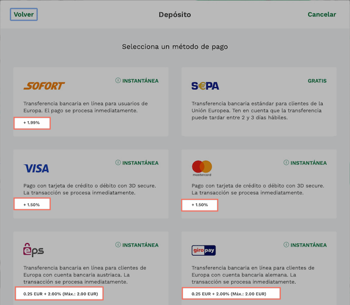 Comisiones por depósitos instantáneos en Bitpanda