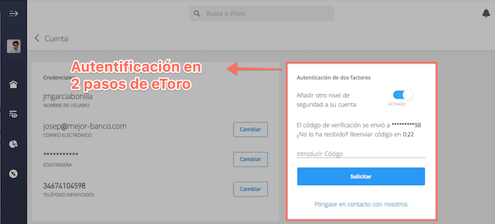 eToro autentificación en 2 pasos