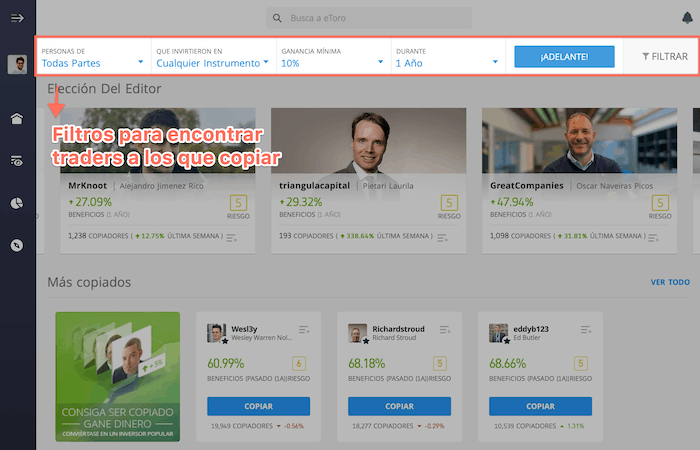 Copia a otros traders con eToro, filtros