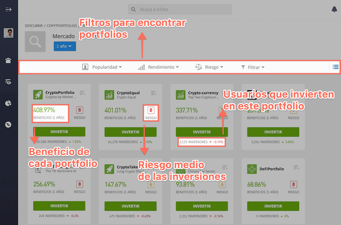 Función para invertir en Portfolios con eToro