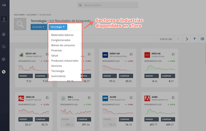 eToro acciones clasificadas por industrias y sectores