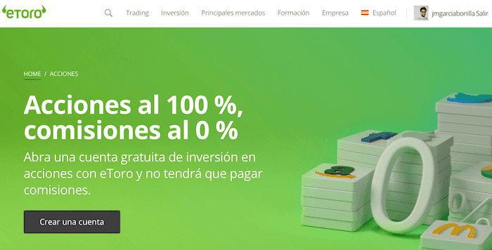 Política de cero comisiones con inversiones en acciones en eToro