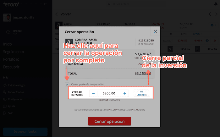 Cierre parcial o completo de una inversión con eToro