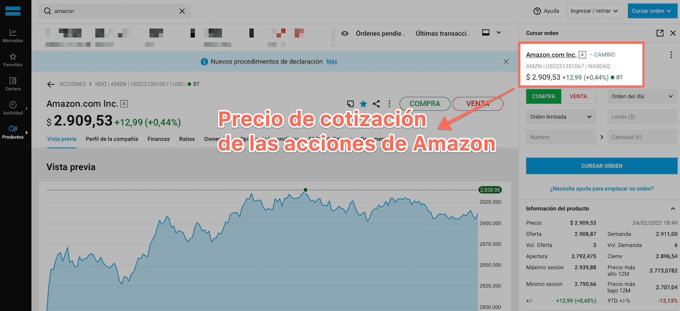 Precios de las acciones de Amazon en DEGIRO (24/02/2022)