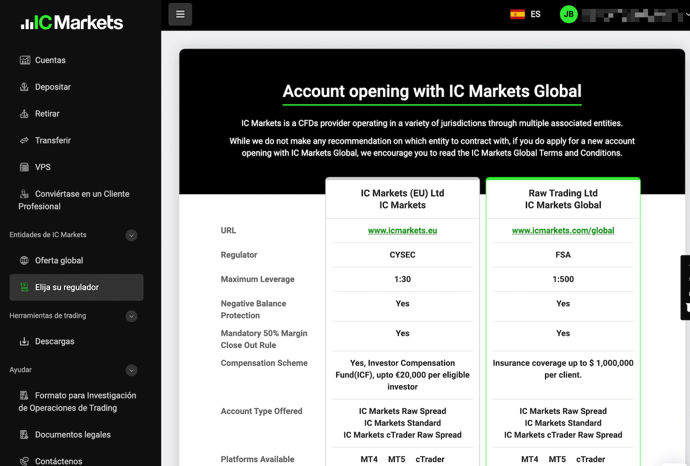 IC Markets tiene muchas secciones no traducidas al español
