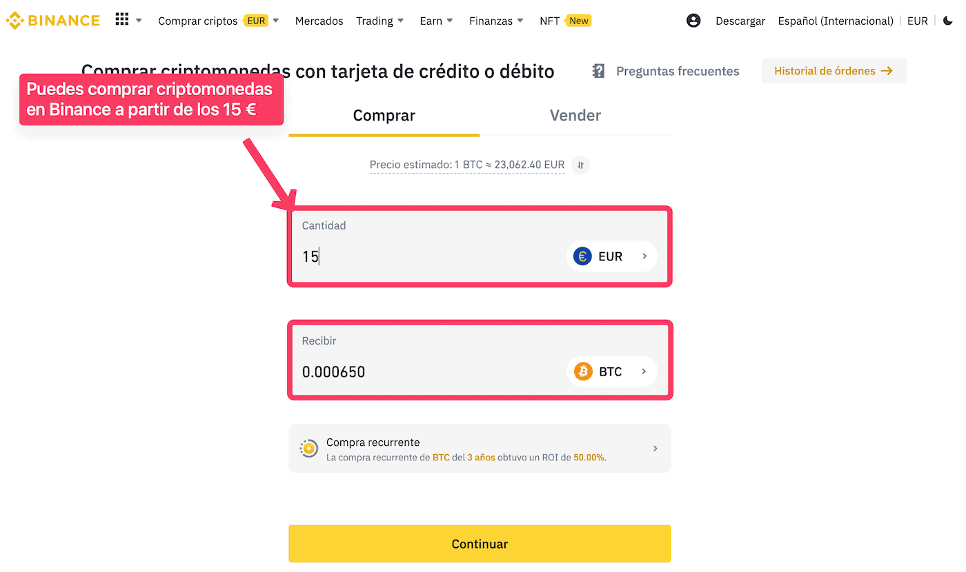 Compra mínima de Bitcoin con Binance