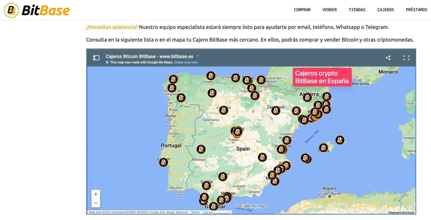 Mapa cajeros crypto BitBase en España