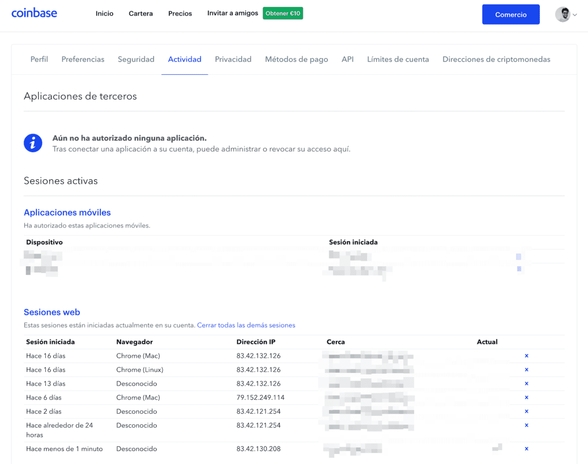Actividad de cuenta Coinbase