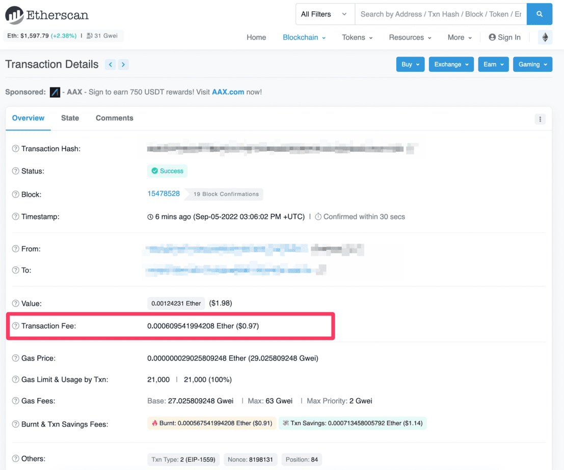 Ejemplo comisión transferencia con Coinbase