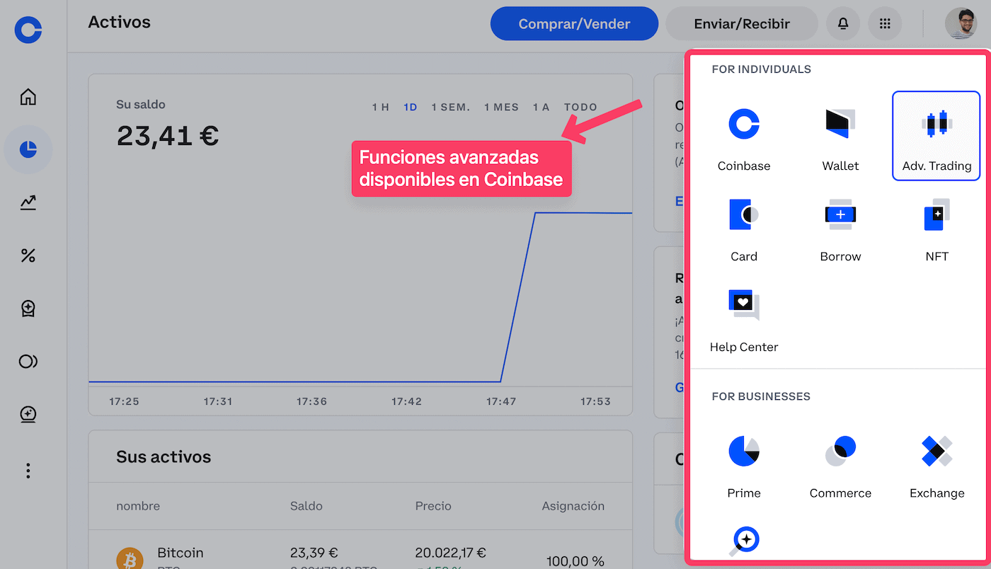 Funciones avanzadas de Coinbase