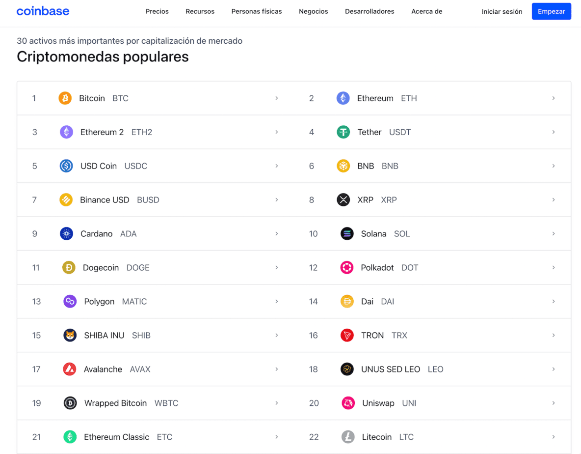 Oferta de crypto en Coinbase