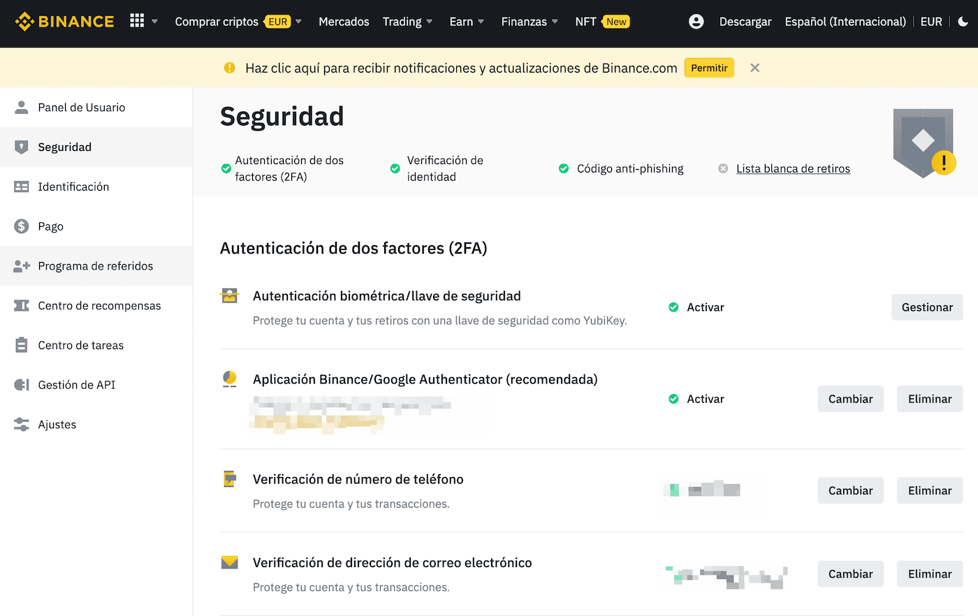 Opciones de seguridad de Binance