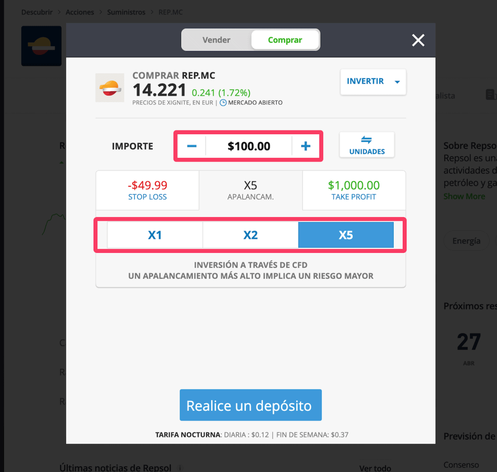 Ejemplo operación con apalancamiento acciones de Repsol en eToro