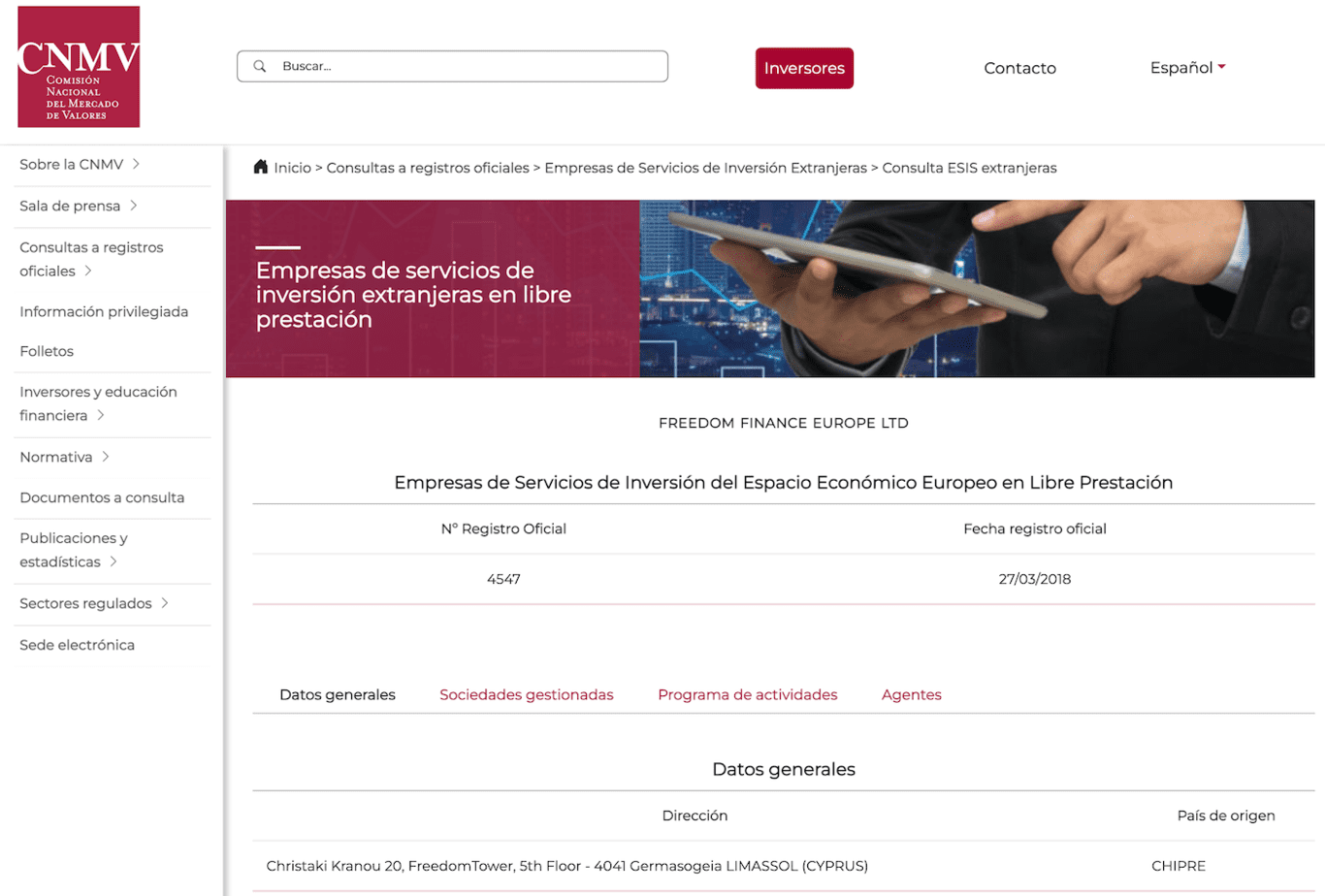 Registro de Freedom24 con la CNMV