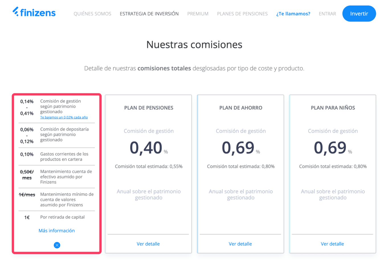 Comisiones de gestión, custodia y de fondos con Finizens