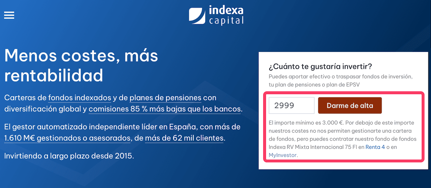 Inversión mínima con Indexa Capital