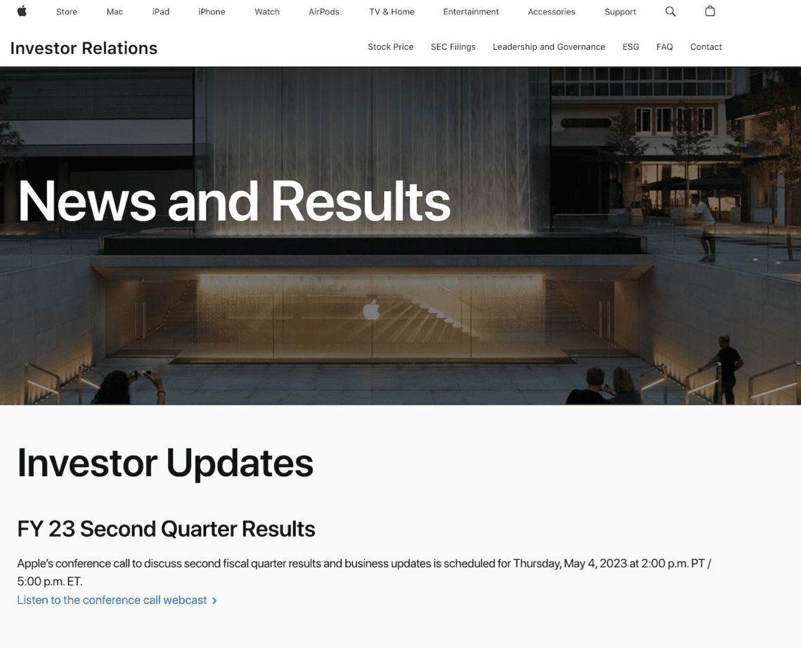 Página oficial de Apple donde se muestran los resultados financieros por trimestre. 