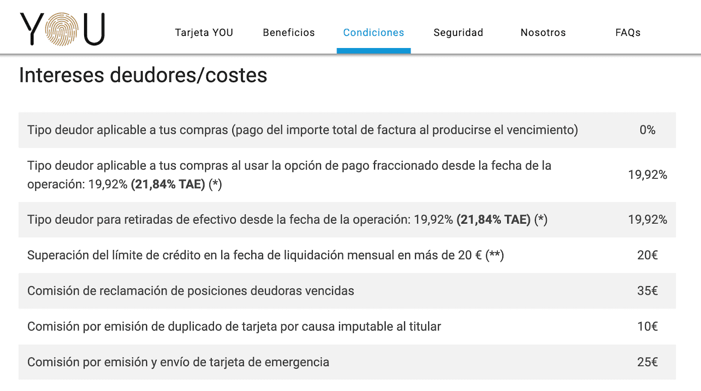 Comisiones de financiación tarjeta You