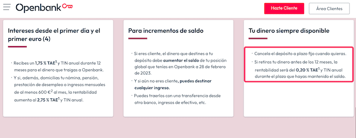 Ejemplo cláusula de cancelación del depósito de Openbank