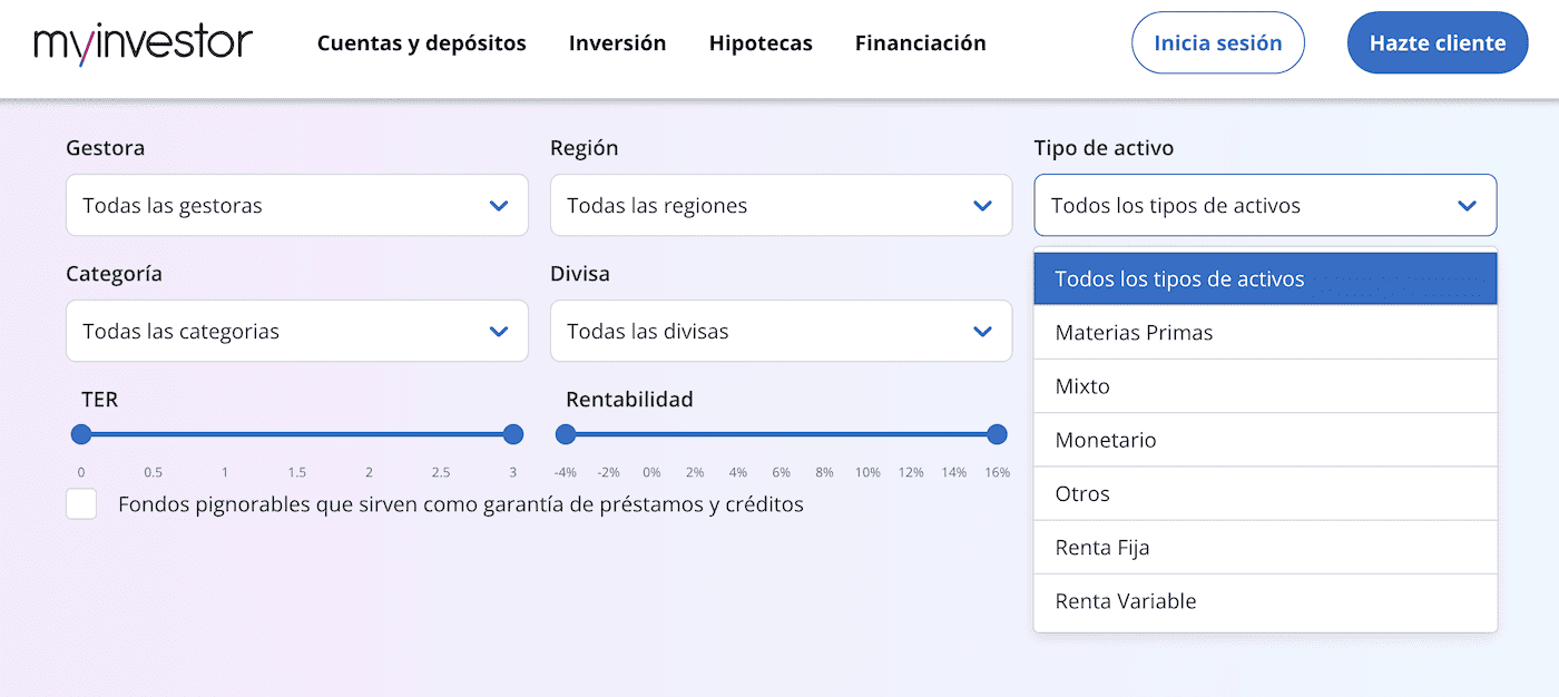 Buscador de fondos por tipo de MyInvestor