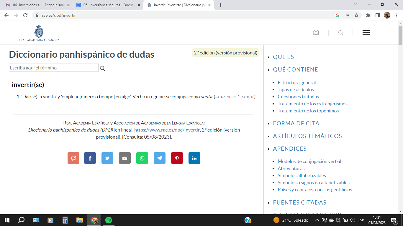 Definición de "invertir" en el Diccionario panhispánico de dudas de la Real Academia Española.
