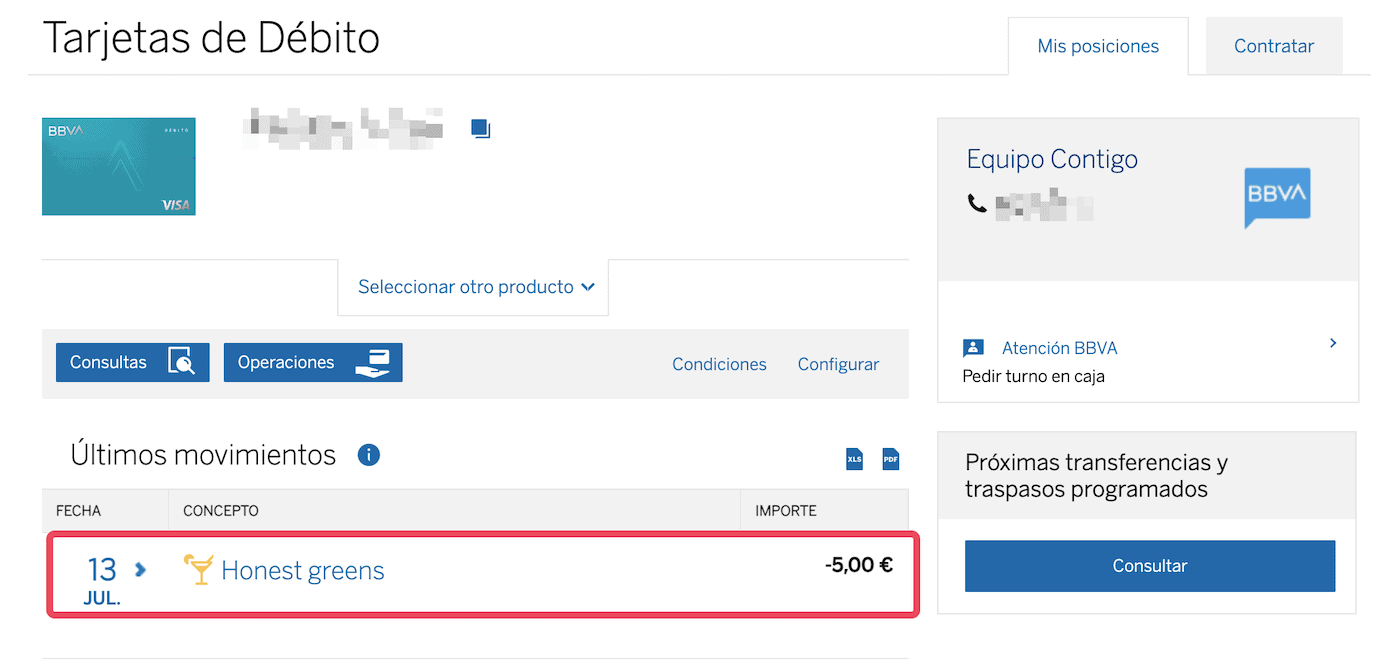 Ejemplo compra tarjeta de débito del BBVA