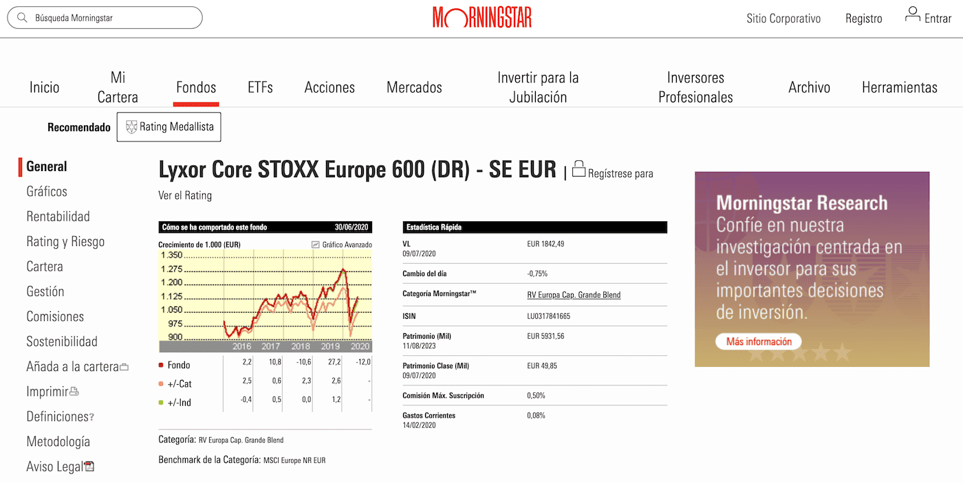 Ficha Morningstar fondo indexado Lyxor Europe 600