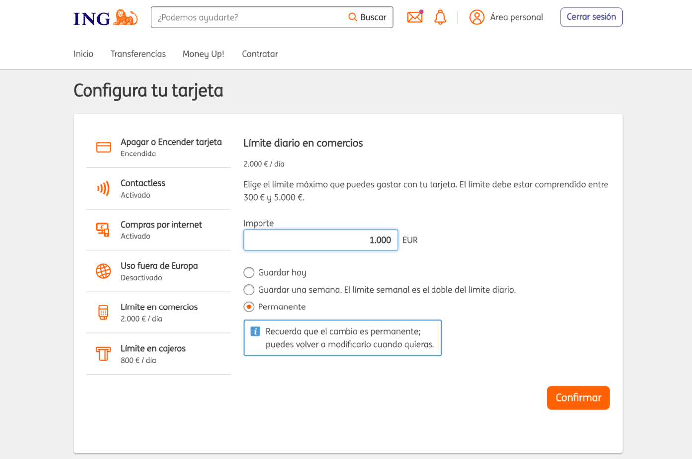 Cambio de límite tarjeta ING débito