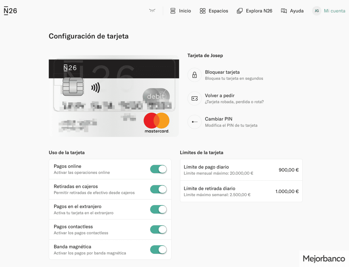 Manejo de la tarjeta con N26, flexibilidad de configuración.