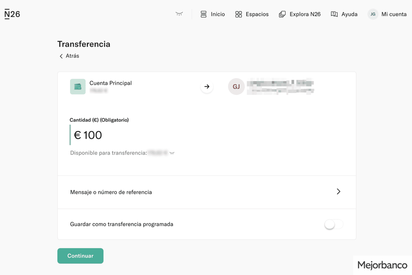 Pantalla de transferencias con N26